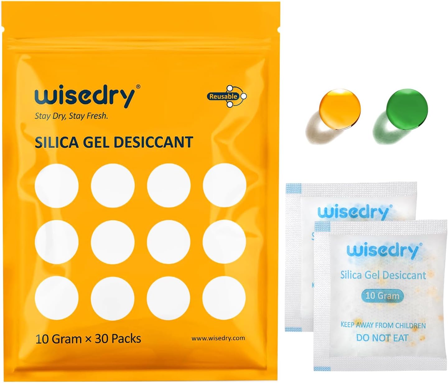 wisedry 10 Gram [30 Packs] Silica Gel Desiccant Packets Reusable for Moisture with Color Indicating Rechargeable Small Dessicant Packs Food Grade