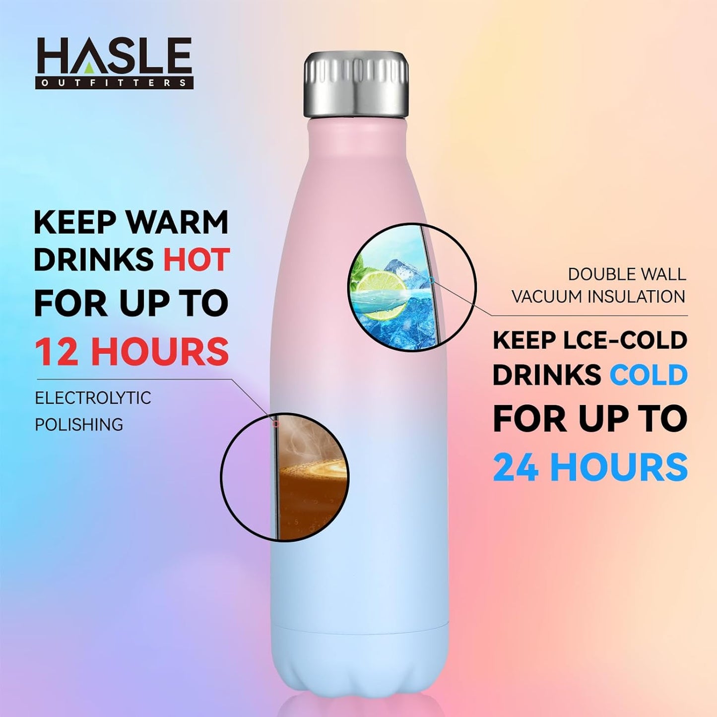 HASLE OUTFITTERS 17oz Stainless Steel Water Bottles Bulk, Vacuum Insulated Water Bottles Double Walled Reusable Metal Sports Water Bottles Keep Drinks Hot and Cold, Pink Blue, 4Packs
