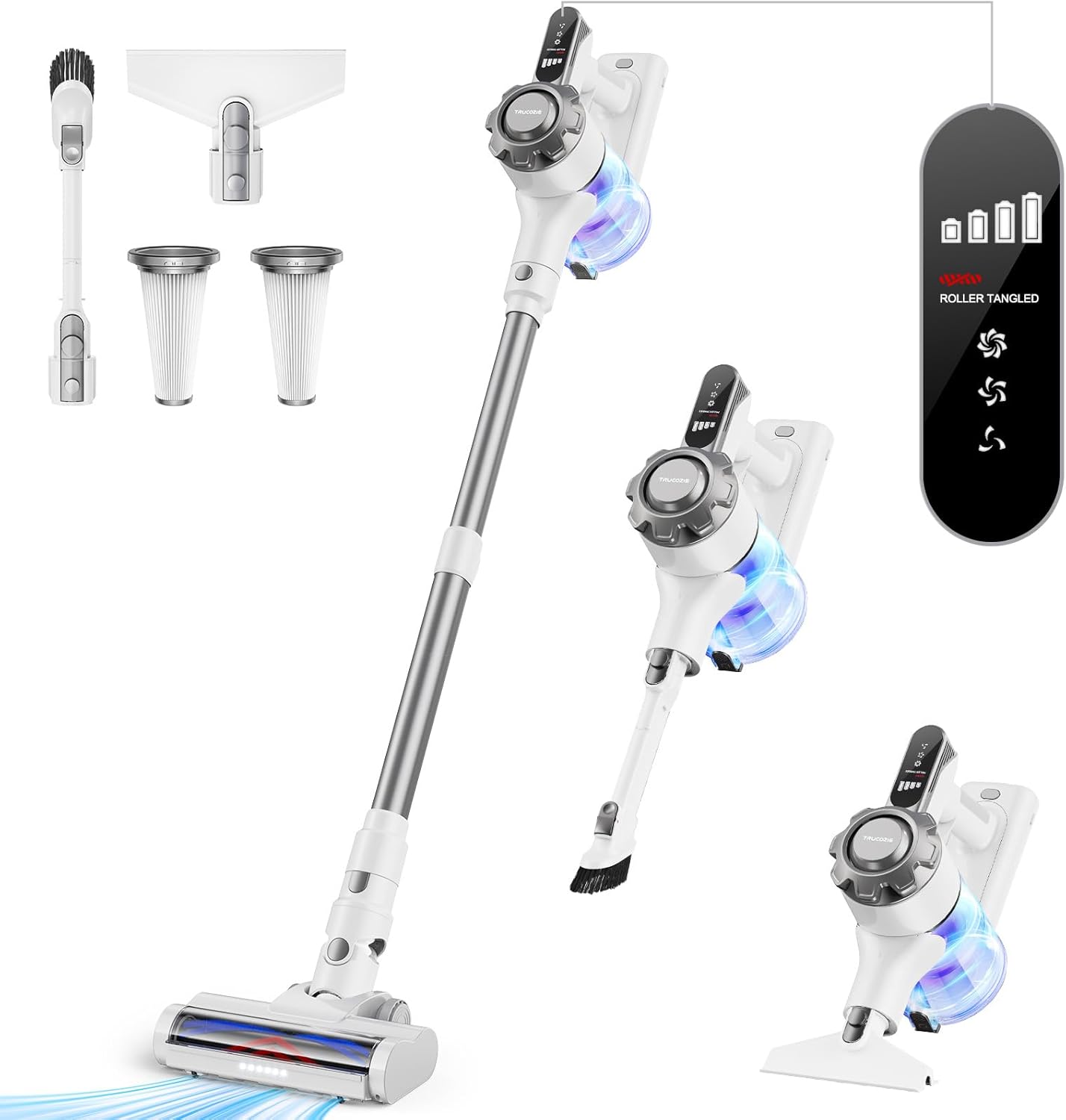 Trucozie Cordless Vacuum Cleaner, 8-in-1 Lightweight Stick Vacuum with 45mins Runtime, Powerful Suction, Rechargeable Cordless Vacuum for Carpet, Tile, Pet Hair, Hardwood Floors, White