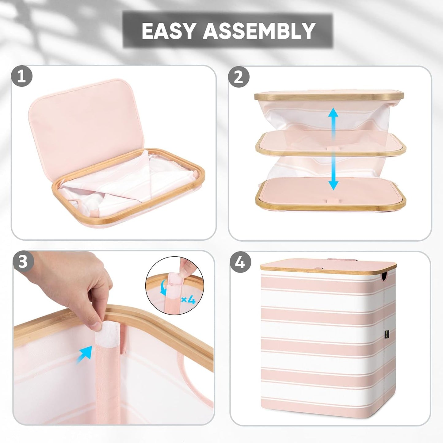 BALEINE Laundry Hamper with Lid, Tall Laundry Baskets with Bamboo Pull Handles, Large Laundry Bin with Internal Support (36 Gal/140L, Pink Stripe)