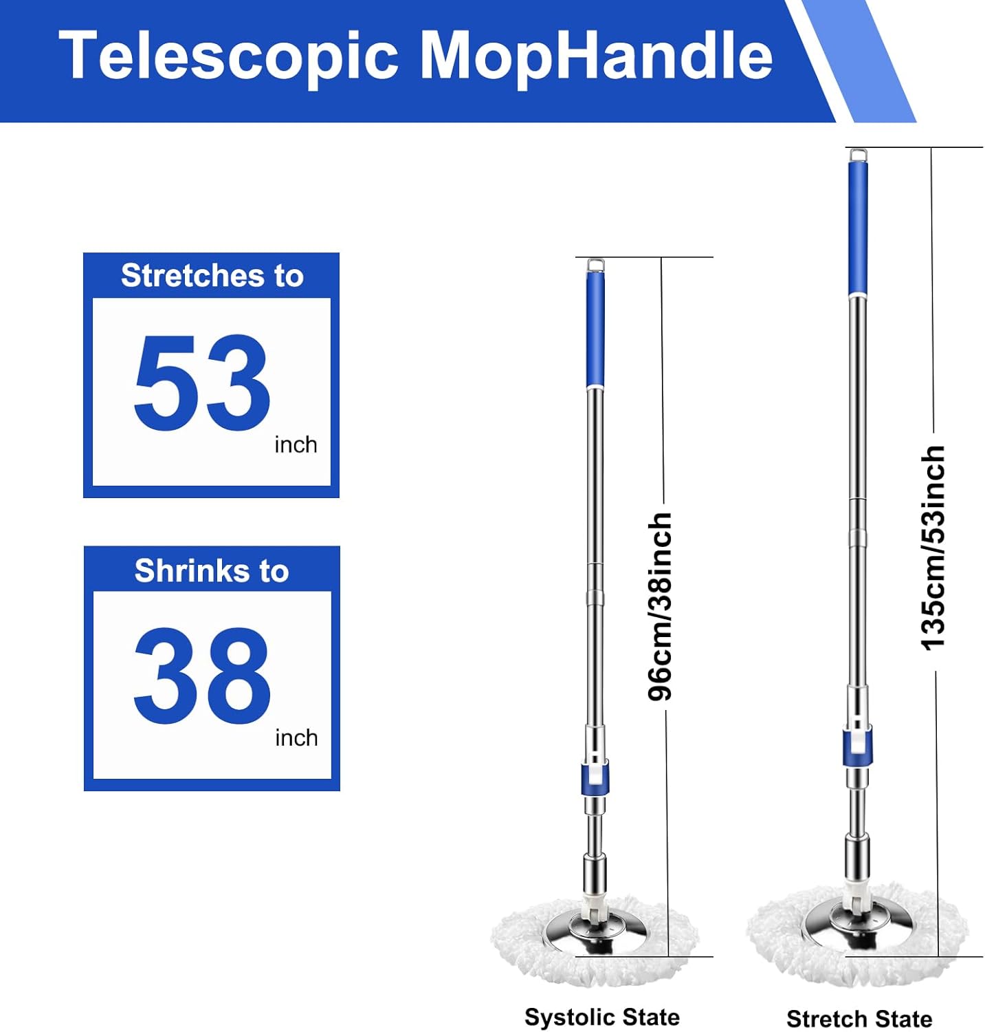 Replacement Handle for Swivel mop, 360° Swivel Adjustment, Reinforced Locking Telescopic Pole + 3 Reusable Microfiber mop Refills + 1 Stainless Steel Tray, Multi-Scenario mop Handle (Blue)