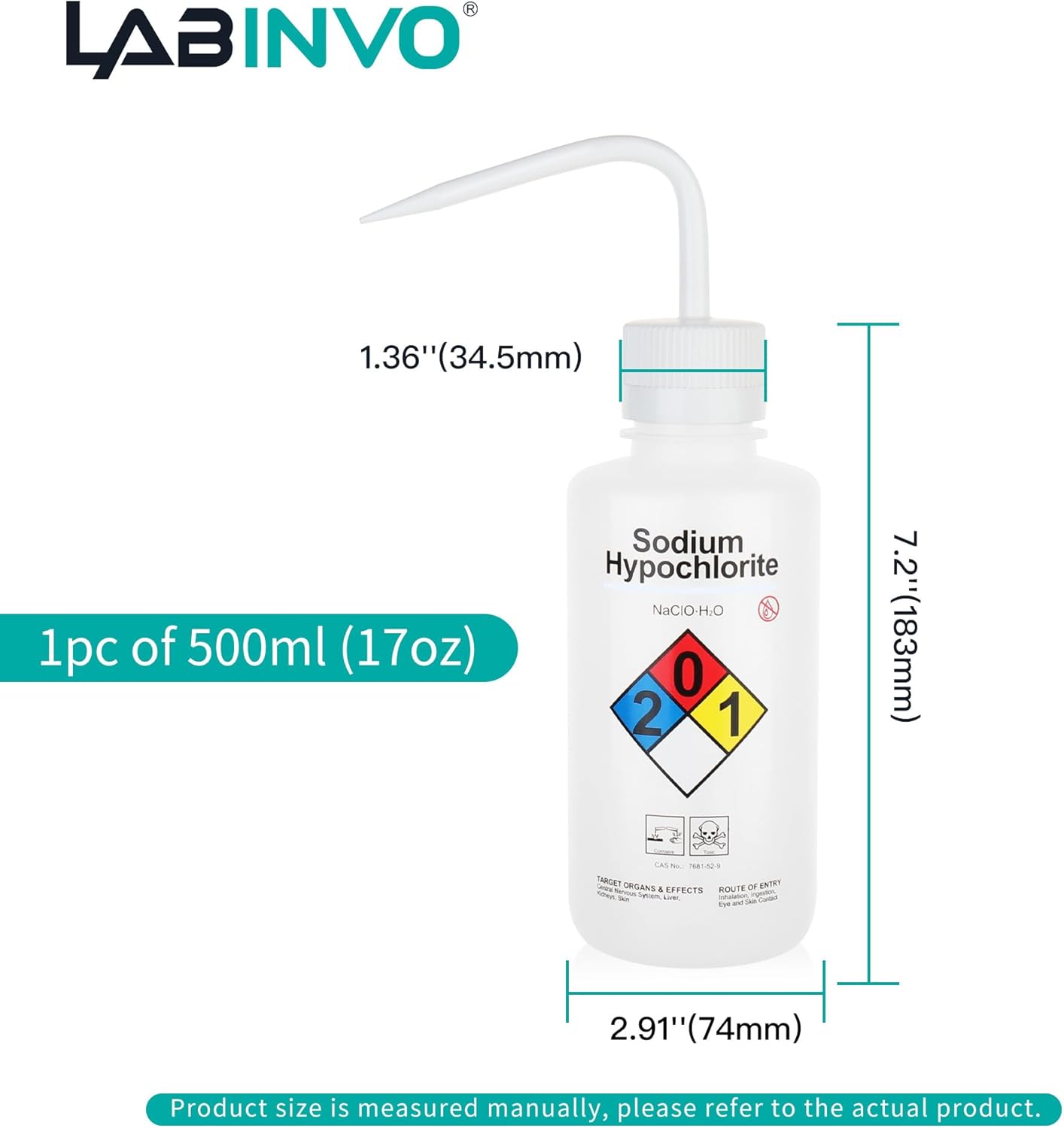 Sodium Hypochloride Wash Bottles, Vol.500ml (17oz), Narrow Mouth, Self-Venting Safety Wash Bottles, LDPE Material, IN-WBS500，Pack of 1, IN-WBS501