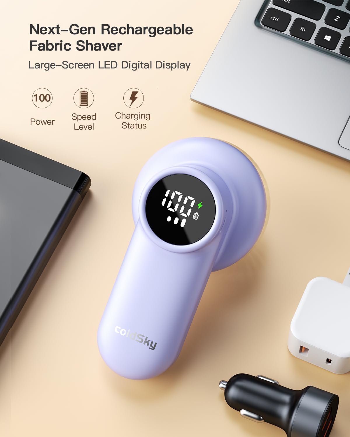 coldSky Rechargeable Fabric Shaver, Lint Shaver with Digital Display, Sweater Shaver with 6-Leaf Blades and Safety Lock, 3-Speeds Defuzzer Remove Fuzz, Pills from Clothes, Furniture, Blanket Purple