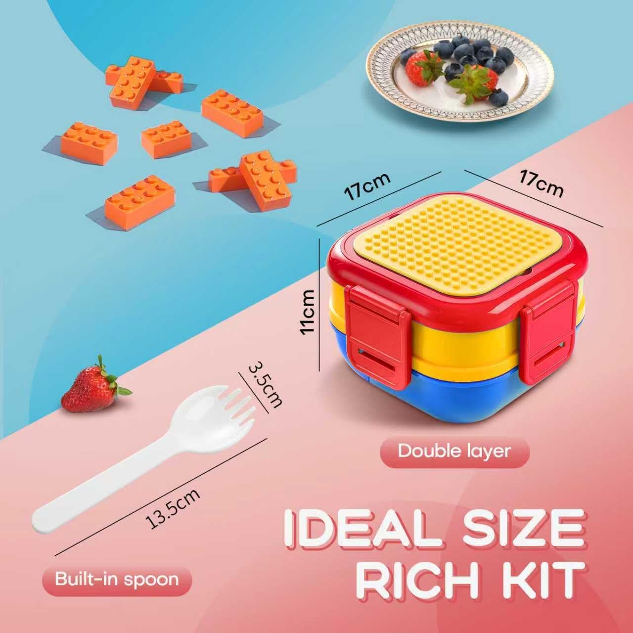 Lunch Box for Kids- Stainless Steel, Microwave Safe DIY Double Layer Leak-Proof Stackable Bento Container(19.5 oz)