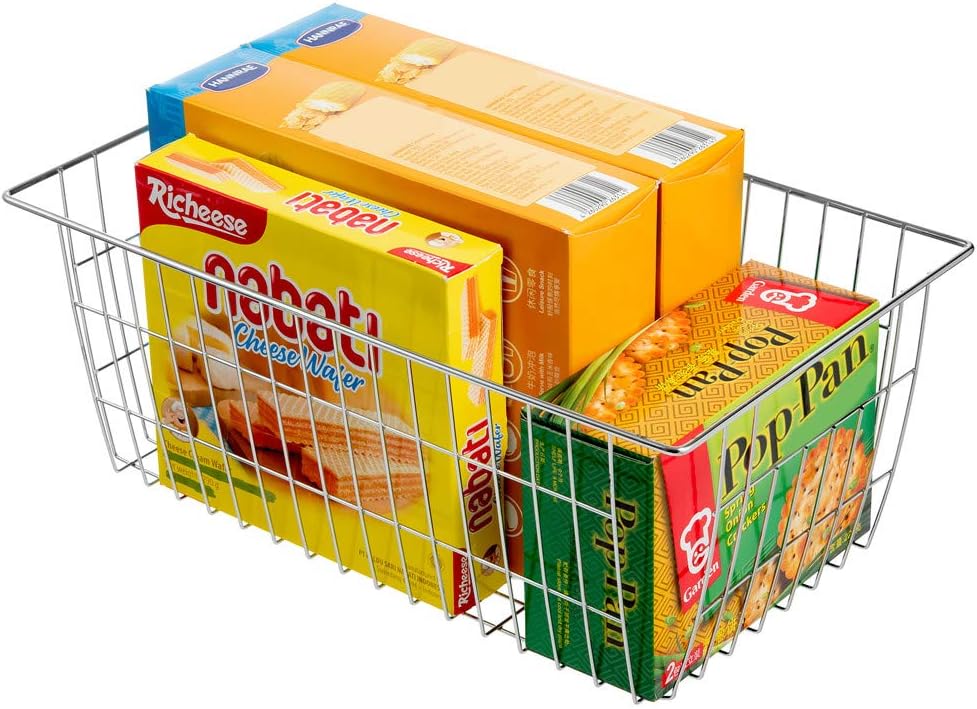 Freezer Wire Storage Baskets,Farmhouse Organizer Storage Bins Large Organizer Bins for Laundry Room, Closets, Garage, Office, Bathroom, Pantry Organization Storage Bins -Set of 2 (Chrome)