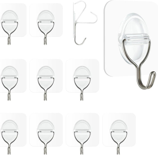 Adhesive Wall Hooks No Damage, Stick On Hooks for Hanging 10 Pack - Transparent Stainless Steel 5KG Heavy Duty, Waterproof Removable (5x5cm) Kitchen Bathroom Office, Ganchos para Pared (XL)