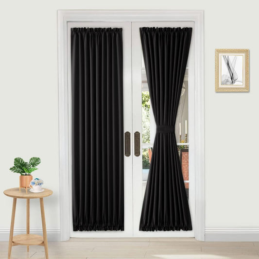 DWCN French Door Curtains – Rod Pocket Thermal Blackout Curtain for Doors with Glass Window, Kitchen and Patio Doors for Privacy, 36 X 72 Inches Long, 1 Curtain Panel with Tieback,Black