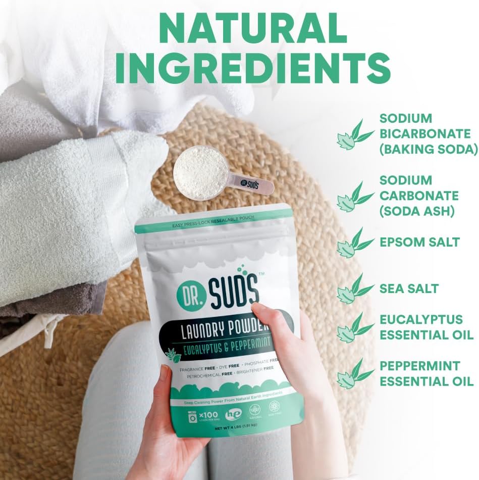 Dr Suds Natural Laundry Detergent Powder 4 Lbs 100+ Loads Scented with Eucalyptus and Peppermint Made with Natural Earth Ingredients Made in USA
