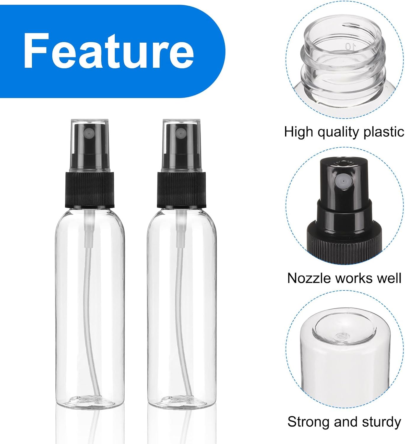 uxcell 100Pack Spray Bottles, 2Oz/60ML Clear Empty Mist Plastic Mini Travel Bottle Set,Small Refillable Liquid Containers for Household Use, Essential Oil, Cleaning (Transparent Black)