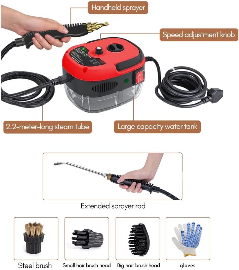 Decdeal Steam Cleaner - 2500W High Temperature Pressurized Handheld Steam Cleaning Machine with Brush Heads and Gloves, for Car Floors Kitchen Furniture Bathroom Windows