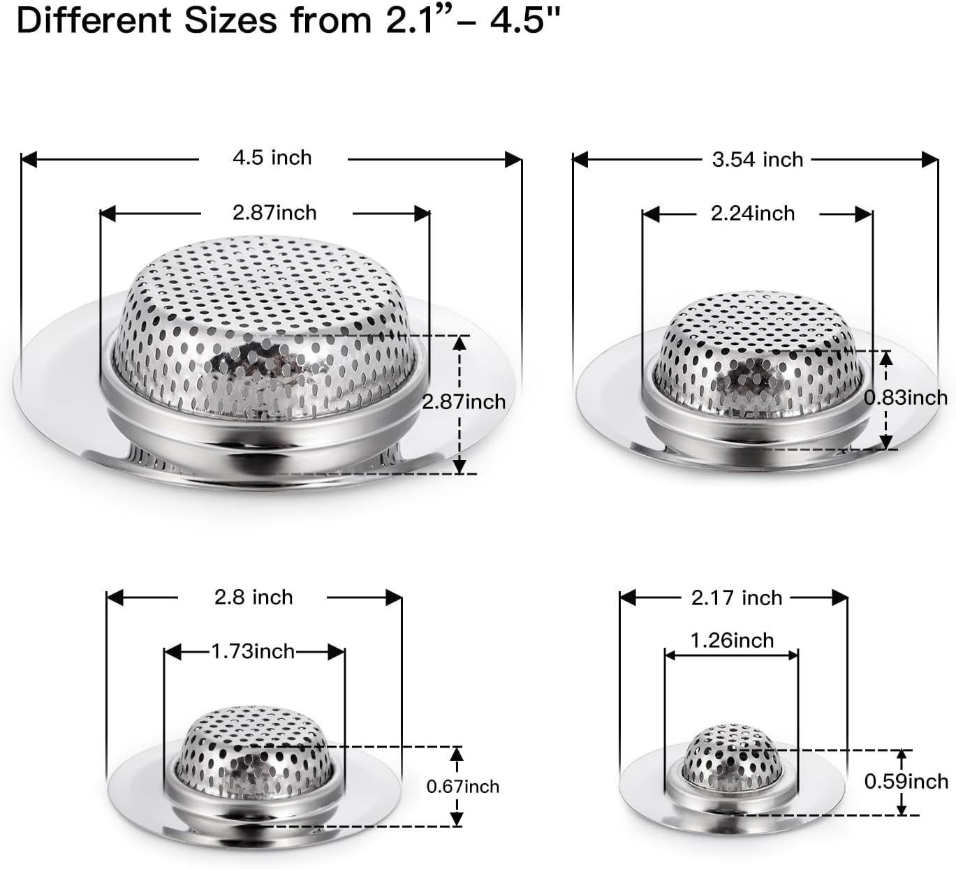 4 Pack Heavy Duty Stainless Steel Kitchen Sink Drain Strainer, Bathroom Hair Catcher Shower Drain Cover, Sink Tub Drain Stopper, Wash Basin Floor Drain, 2.1 to 4.5 Inch Diameter Rim