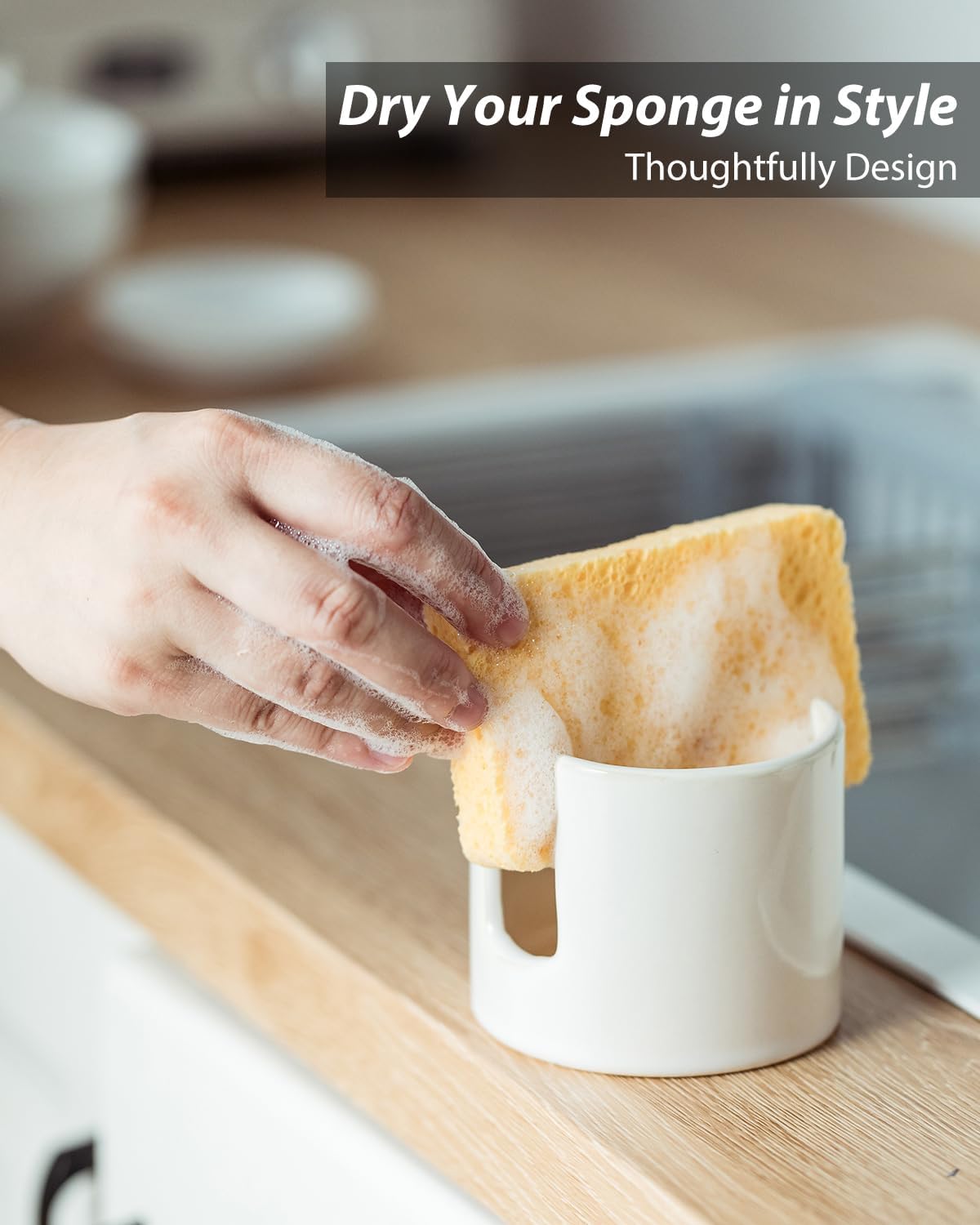 Sponge Holder for Kitchen Sink, Ceramic Dish Sponge Drying Caddy Scrubby Daddy Kitchen Organizer Cute Dish Rack for Sink Counter, Beige White