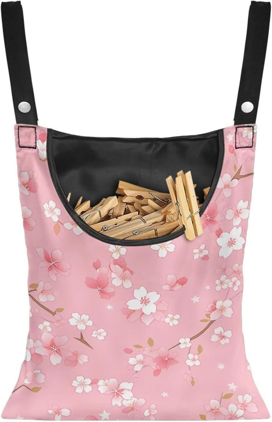 Clothespin Bag, Hanging Laundry Bag, Clothes Lines for Hanging Clothes Outside, Hanging Storage Organizer with Hanging Rope for Home Outdoor - Cherry Blossom Pink