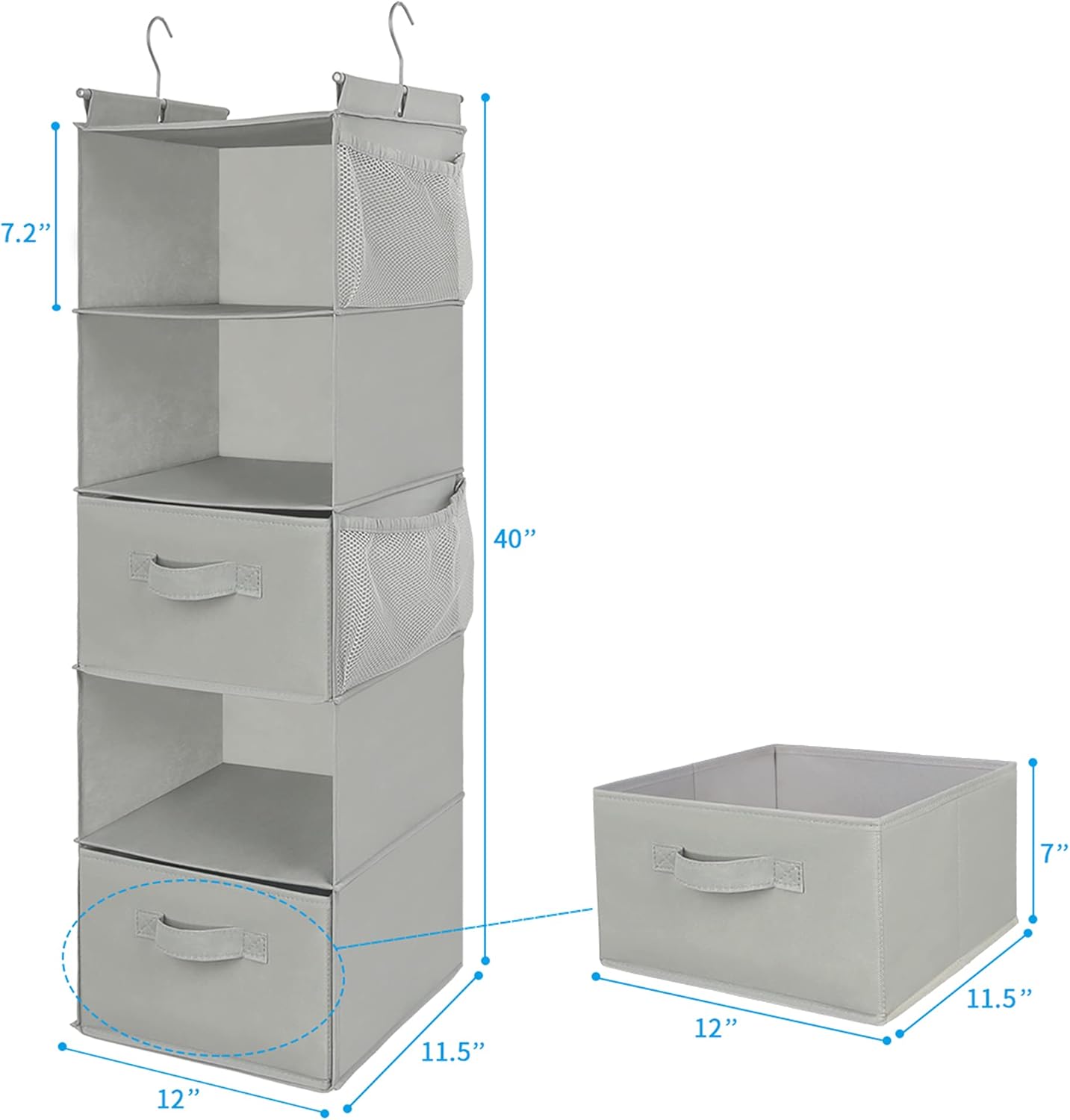MAX Houser 5 Tier Shelf Hanging Closet Organizer, Cloth Hanging Shelf with 2 Sturdy Hooks for Storage, Foldable (Light Grey-D2)