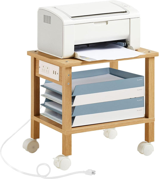 Lerliuo Under Desk Printer Stand with Charging Station, 2 Tier Wooden Small Printer Table with Storage, Rolling Printer Cart Shelf with Lockable Wheels for Home, Office (Natural)