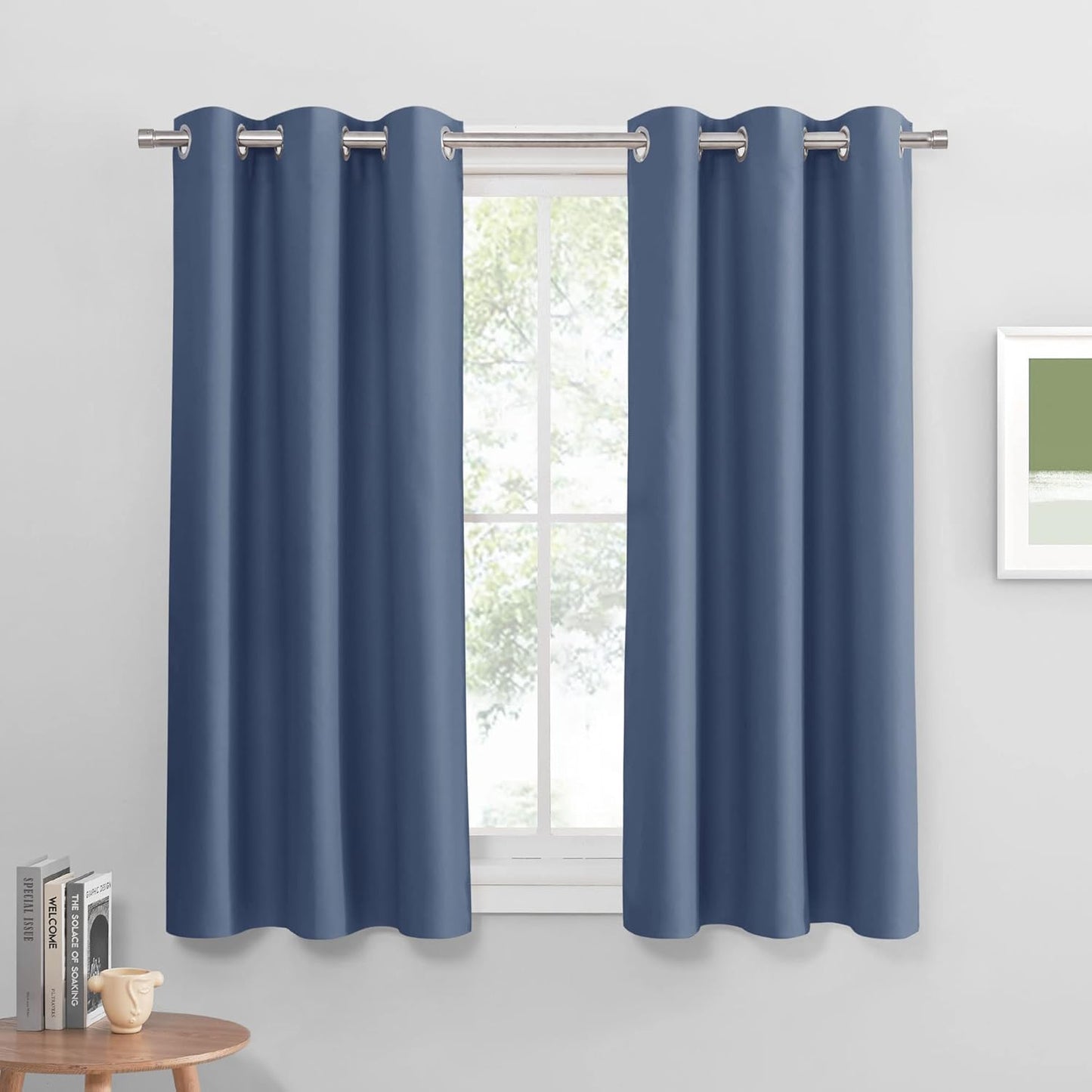 PONY DANCE Room Darkening Curtains - Grommet Top Light Block Drapery Window Shade Privacy Protect for Bathroom/Living Room/Kitchen, W 42 x L 45, Blue Haze, 2 Pcs
