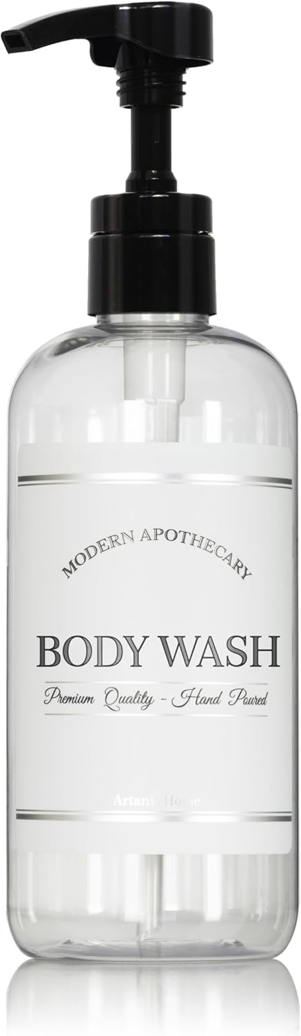 Refillable Clear PET Plastic 16 oz Body Wash Bottle with High Output Black Plastic Pump Dispenser - Chrome Accent Waterproof Labeled Bottle