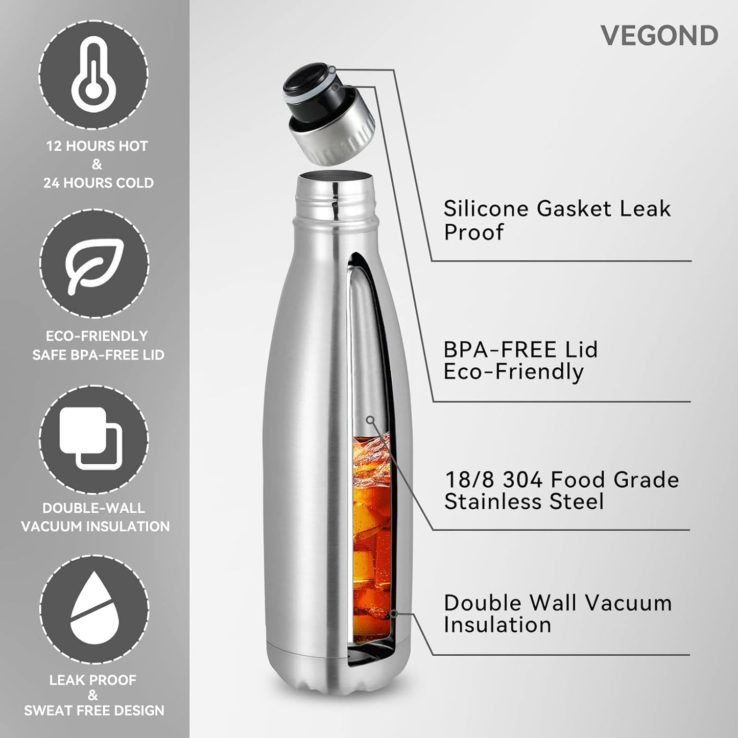 VEGOND 17oz Stainless Steel Water Bottles Bulk, Reusable Metal Sports Water Bottle Keeps Drink Hot and Cold, BPA Free Double Wall Vacuum Cola Shape Insulated Water Bottles for Camping Gym, 8 Pack