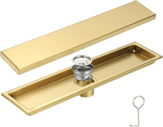 uxcell Rectangular Shower Drain, Brushed 304 Stainless Steel Odor-Proof Floor Drain Linear Shower Drain Hair Catcher for Bathroom Kitchen and Laundry Room(16 Inch, Gold)