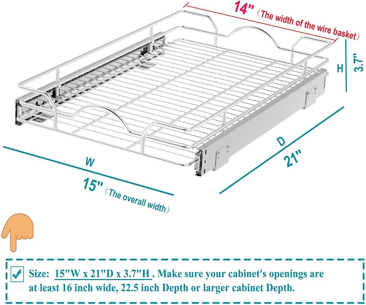 OCG Pull Out Cabinet Organizer (15" W x 21" D), Pull out Drawers, Cabinet Pull Out Shelves for Base Cabinet Organization in Kitchen Bathroom Pantry, Bottom Mount, Chrome Finish