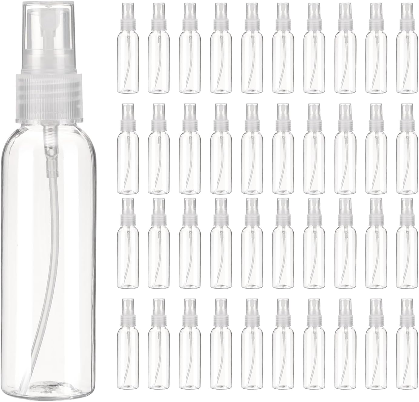 uxcell 100Pack Spray Bottles, 2Oz/60ML Reusable Clear Empty Mist Plastic Mini Travel Bottle Set,Small Refillable Liquid Containers for Household Use, Essential Oil, Cleaning (Transparent)