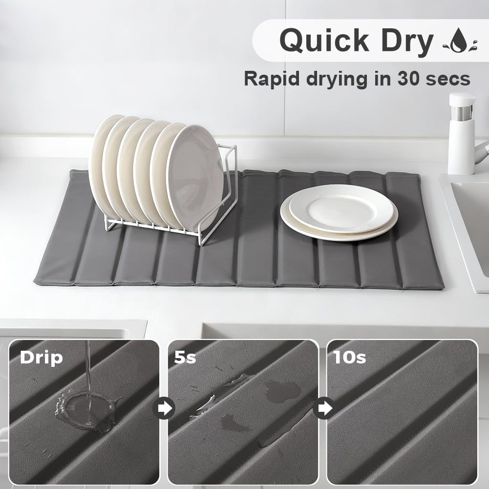 Large Stone Dish Drying Mat for Kitchen Counter, 25.2" × 16.1" Quick Dry Collapsible Diatomaceous Earth Mat with PU Leather, Absorbent Drying Matt for Dishes Cookware Bottles Cups, Waterproof Bottom