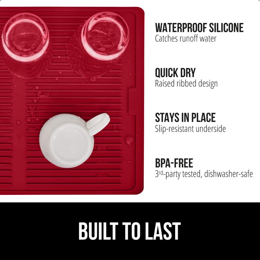 GORILLA GRIP 100% BPA-Free Patented Silicone Dish Drying Mat for Kitchen Counter, 18x24 Inch, Water Catching Ribbed Design, Easy Clean Waterproof Sink Liner, Heat Resistant, Fits Under Rack, Red