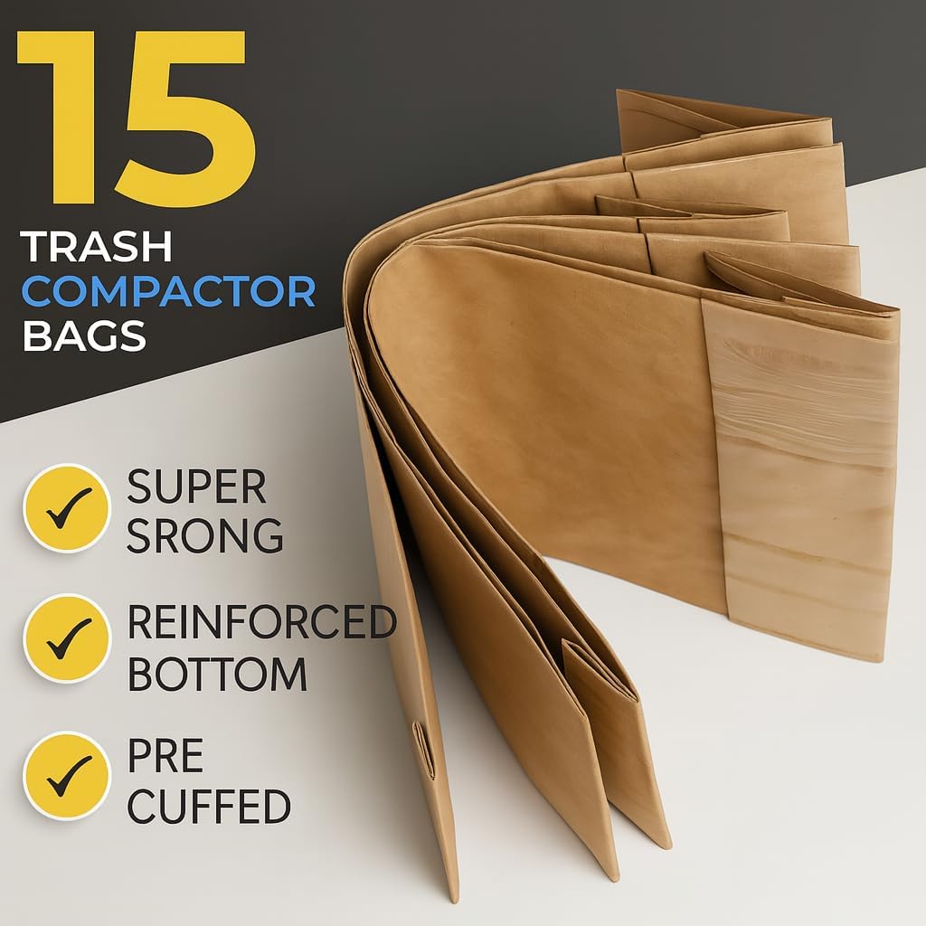 Trash Compactor Bags for Kitchen - 15 PACK - Pre-Cuffed, Super Strong & Heavy Duty Kitchen Trash Bags with Leak Proof Plastic Liner, Fits GE Model Compactors with Rectangular Containers