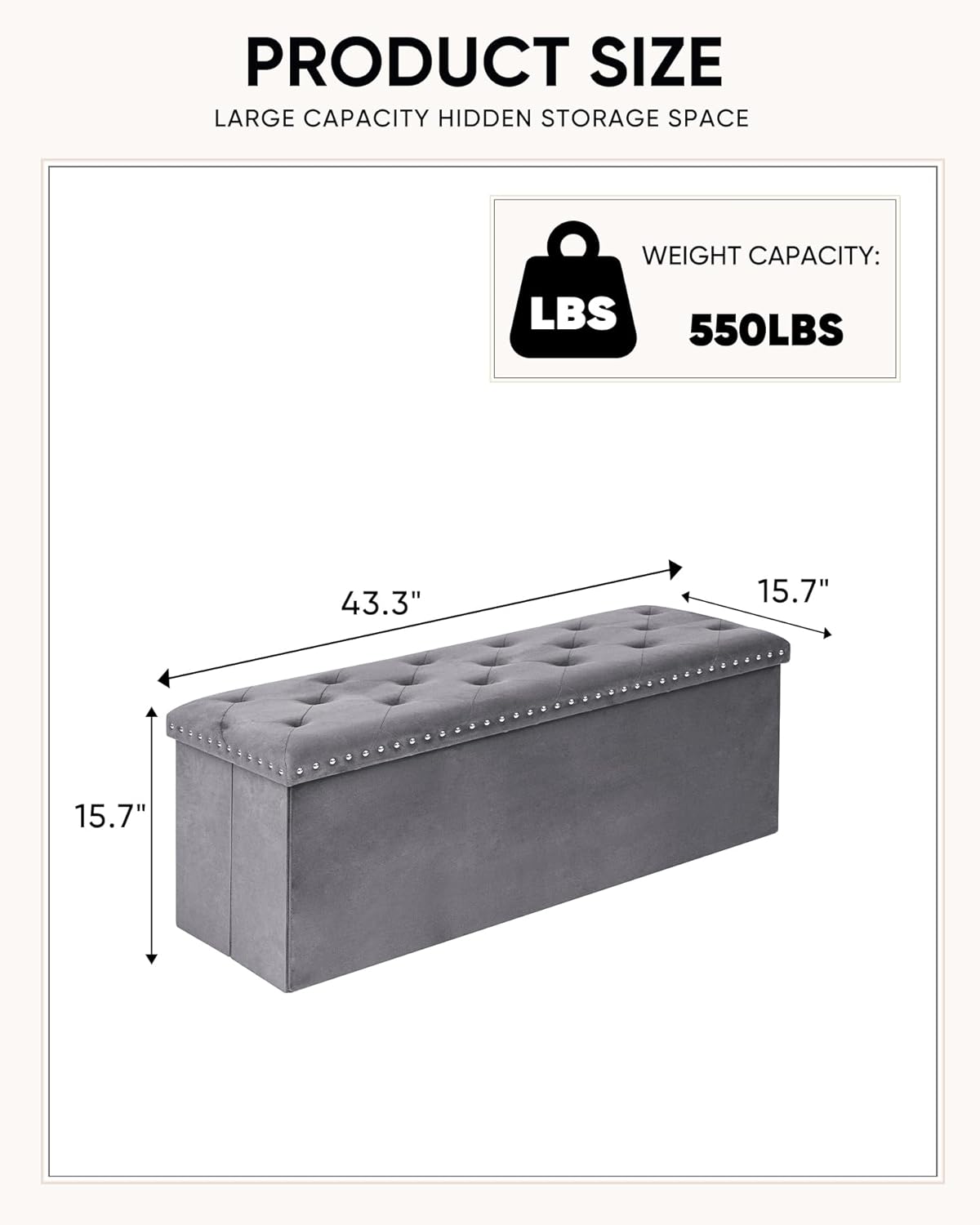Velvet Storage Ottoman Bench, 43.3" Folding Ottoman with Rivet Trim, Heavy-Duty Upholstered Entryway Bench, Sturdy Footrest and Seat for Bedroom, Living Room, Holds up to 660 LBS, Grey