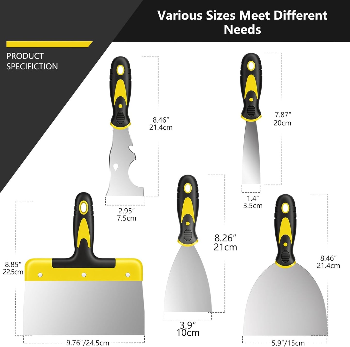 Spackle Knife Set, 5 PCS Stainless Steel Putty Knife Set Include 4 Paint Scrapers and 1 Multi Scraper Tool, Paint Scraper Tool for Drywall Decals (1.5" 3" 4" 6" 10")