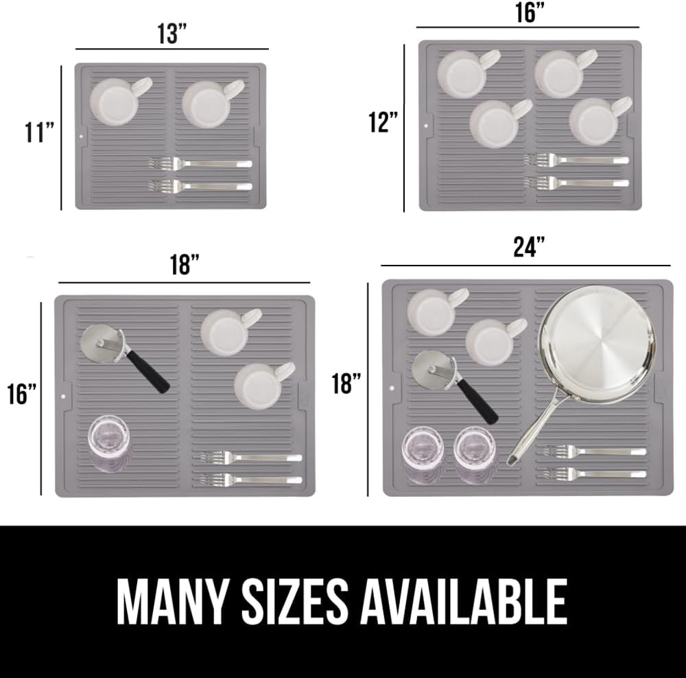 GORILLA GRIP 100% BPA-Free Patented Silicone Dish Drying Mat for Kitchen Counter, 18x16 Inch, Water Catching Ribbed Design, Easy Clean Waterproof Sink Liner, Heat Resistant, Fits Under Rack, Gray