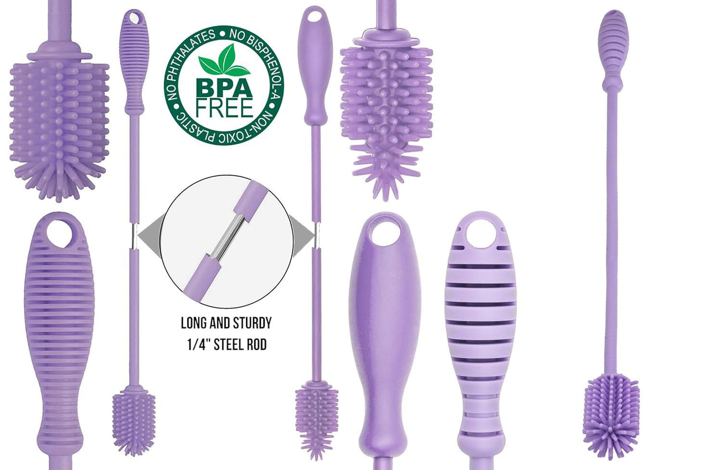 A-Brush Silicone Bottle Cleaner Brush, 3 Piece Set, Long Handle - Water Bottle Cleaner, Baby Bottle Nipple Brush for Plastic & Glass, BPA-Free Dish Washing Brush A2S Protection