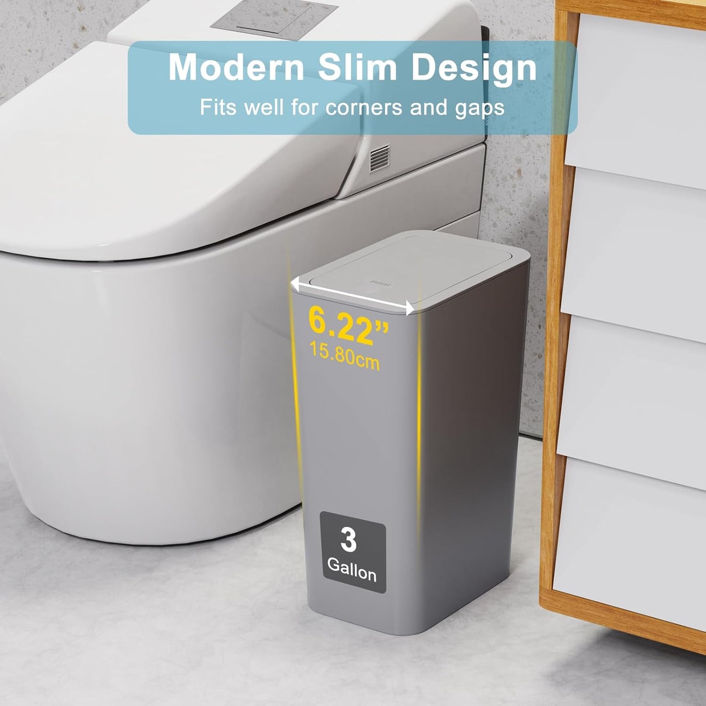 N. NETDOT 3 Pack Small Trash Can with lid, 3 Gallon Bathroom Trash Can,Garbage Can Slim Trash Bin Waste Basket for Bathroom,Kitchen,Bedroom,Living Room,Office,Laundry - Grey