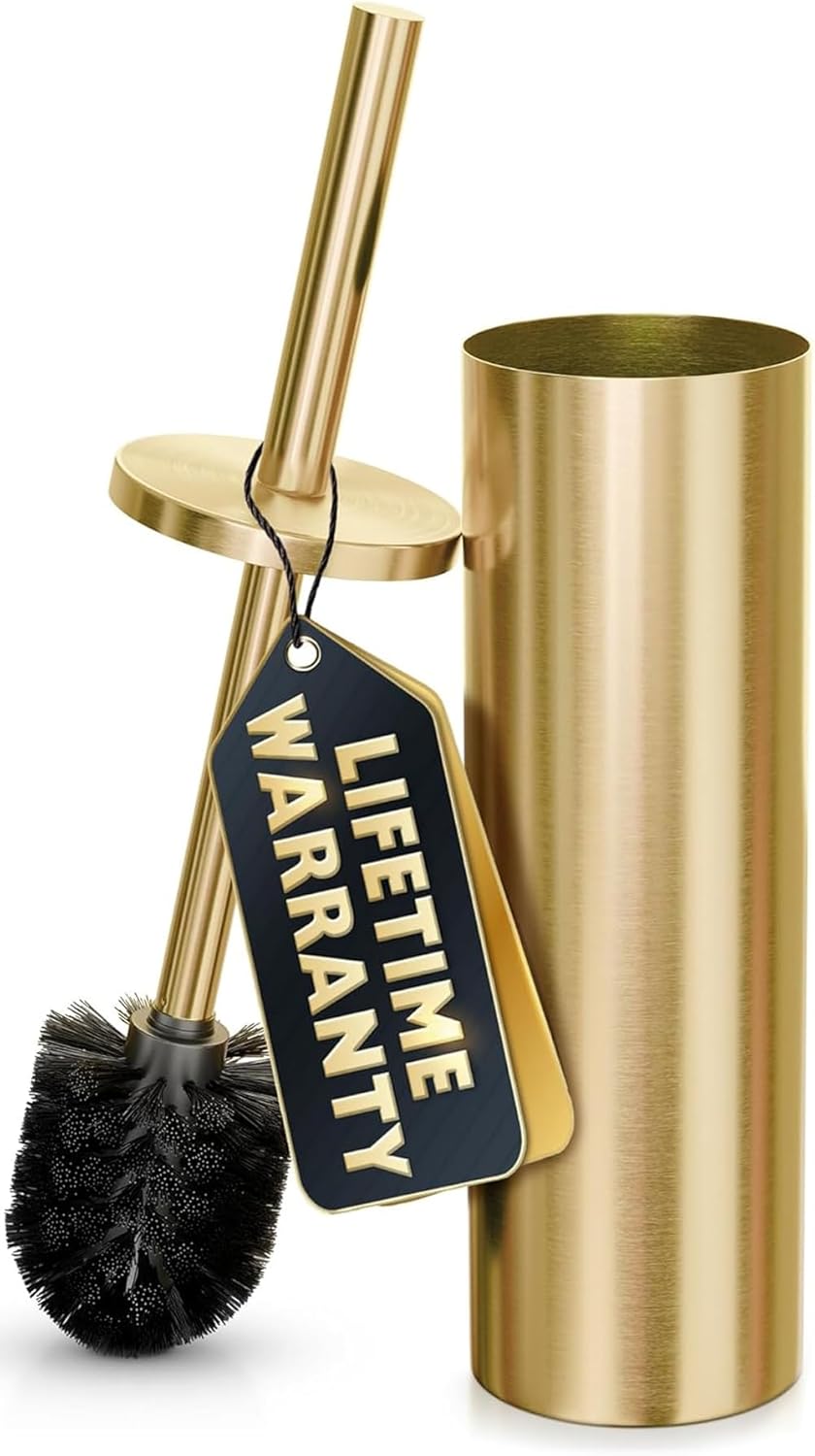 Gold Toilet Brush and Holder Set - Brushed Stainless Steel Gold Toilet Bowl Brush and Holder with Replacable Head, Removable Inner Bowl, and Splash Protection - Dense Bristles for Through Cleaning