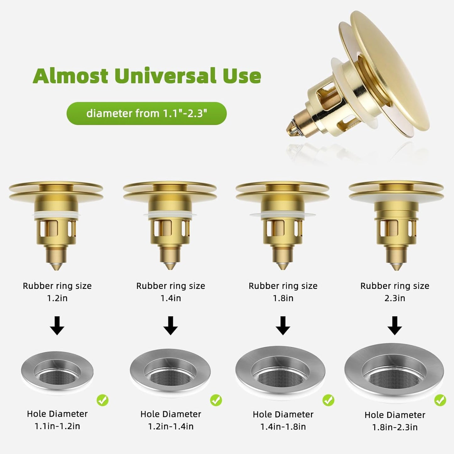 Universal 2PCS Bathroom Sink Stopper 2 in 1 Pop Up Metal Sink Drain Strainer with Hair Catcher, Fit for 1.1~2.36" Sink Basin Hole, Big Cover Cap, Anti-clog, Brushed Gold