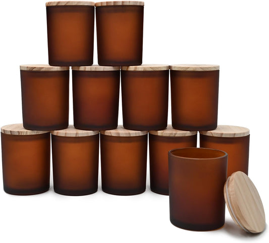 Thick Candle Jars for Making Candles 12 Pcs, 7 OZ Empty Jars with Wood Lids for Candle Making, Sample Container, Frosted Brown
