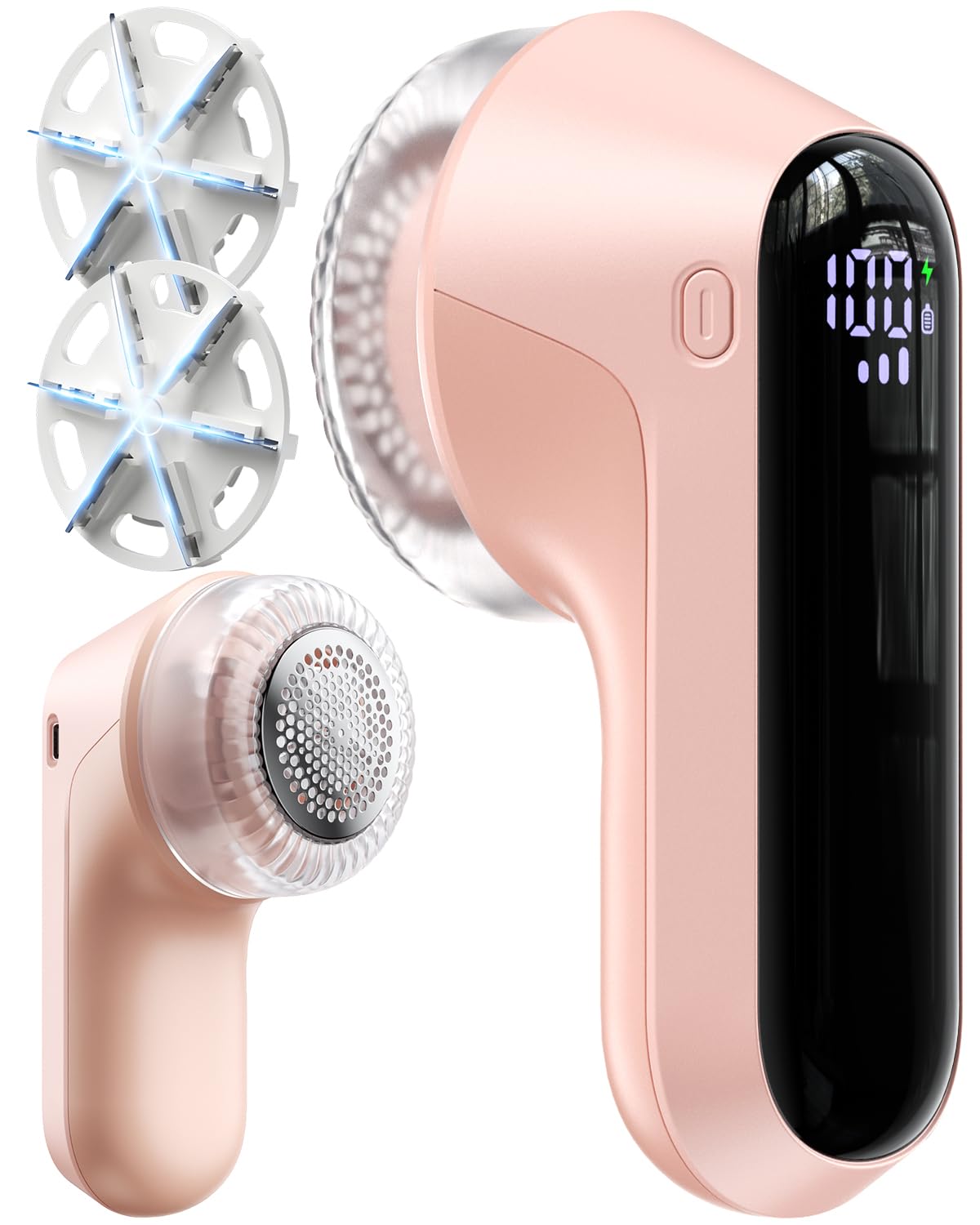 Fabric Shaver, Rechargeable Lint Shaver with Digital Display, Electric Portable Sweater Shaver with 6-Leaf Blades and Safety Lock, 3-Speeds Lint Remover to Remove Pilling for Clothes, Couch (Pink)