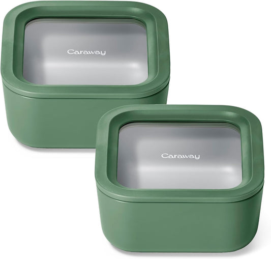 Caraway 2pc Glass Food Storage Set - 4.4 Cup Food Containers (2) - Ceramic Coated - Non Toxic, Non Stick Lunch with Lids - Dishwasher, Oven, & Microwave Safe - Sage