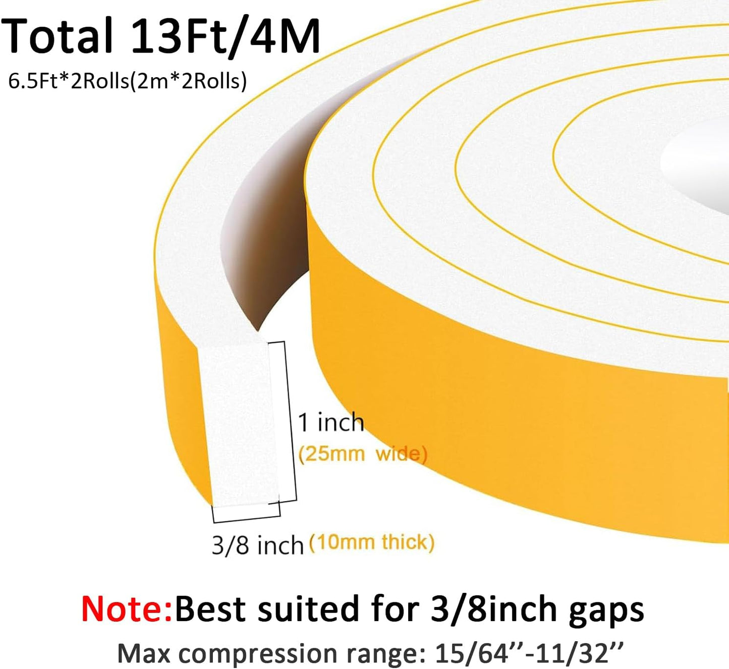 Strong Adhesive Foam Weather Stripping, High Density Door Insulation Strip，AC Window Insulation, Weather Stripping for Door Frame, Neoprene Window Insulation, White(1 in x 3/8 in x 13Ft)