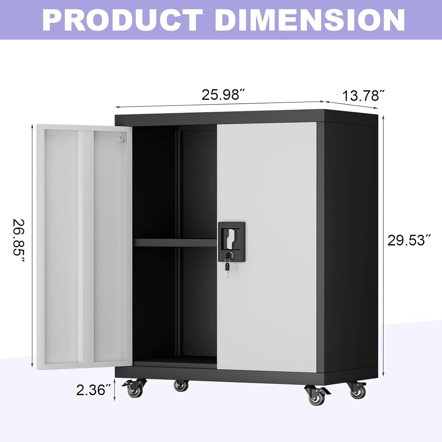 Metal Storage Cabinet with Wheels, Steel Mobile Garage Cabinets with Lockable Door and Adjustable Shelf, Metal Rolling Tool Cabinet, Utility Cabinet for Home, Office, Black+Gray