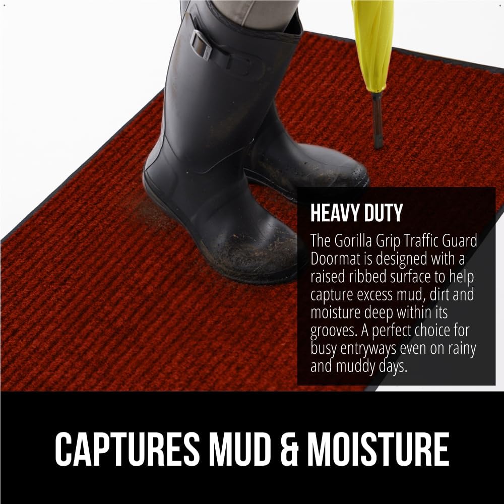 GORILLA GRIP Traffic Guard Door Mat, Heavy Duty Welcome Mats, Commercial Office Space Doormat, Waterproof, Fade Resistant, Strong Rubber Backing, Low Profile, Shoe and Boot Scraper, 35x23, Red