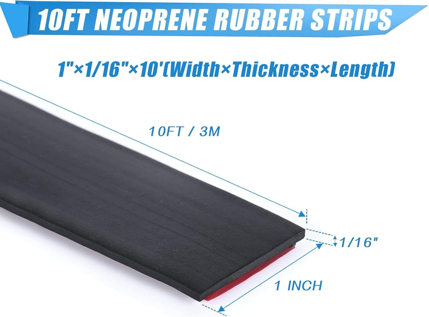 Adhesive Rubber Strips Neoprene Rubber Sheets, Rolls & Strips with Adhesive Backing Rubber Pads Self Stick Seal Rubber Gasket Adhesive Back for Matting Padding - 1" Wide x 1/16" Thick x 10' Long
