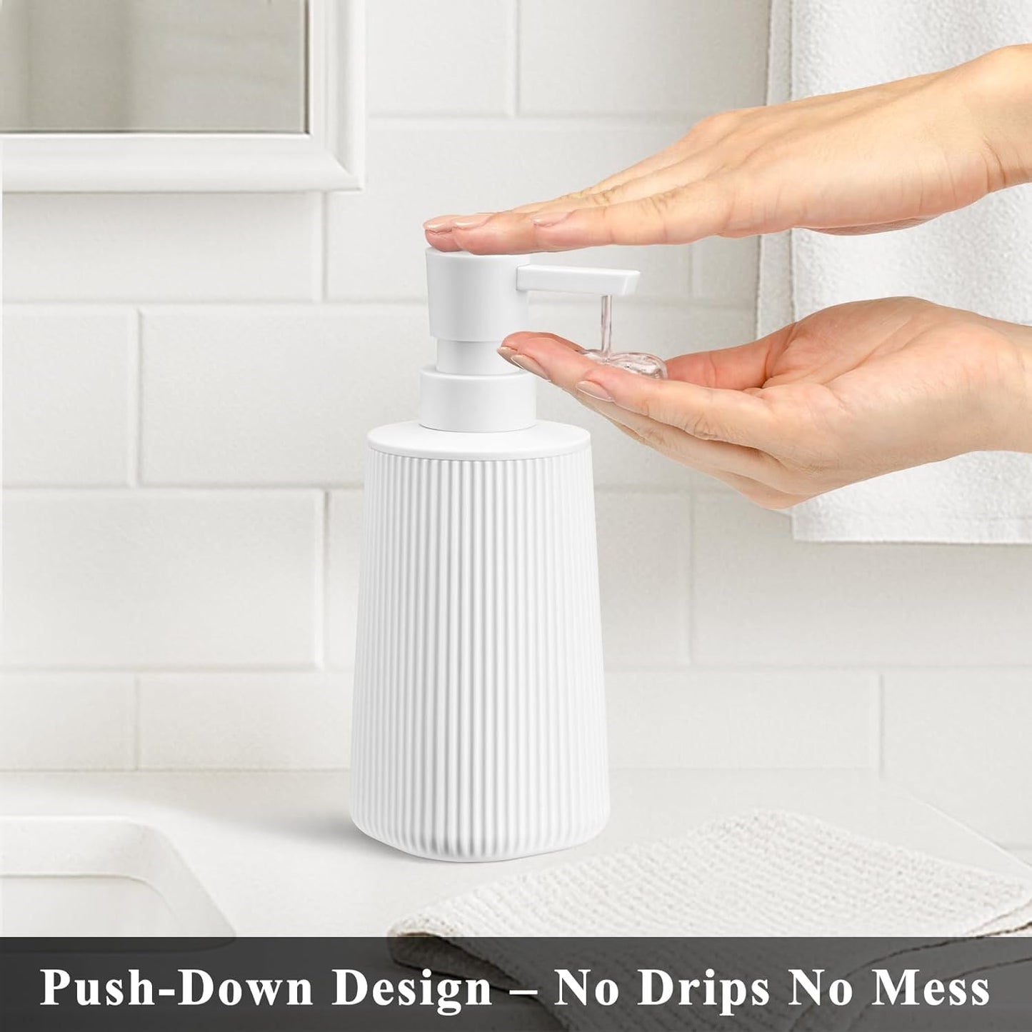 White 2 Pack Hand Soap Dispensers with No Rust Pump for Bathroom and Kitchen Countertops Refillable Striped Matte Plastic 8.5 oz