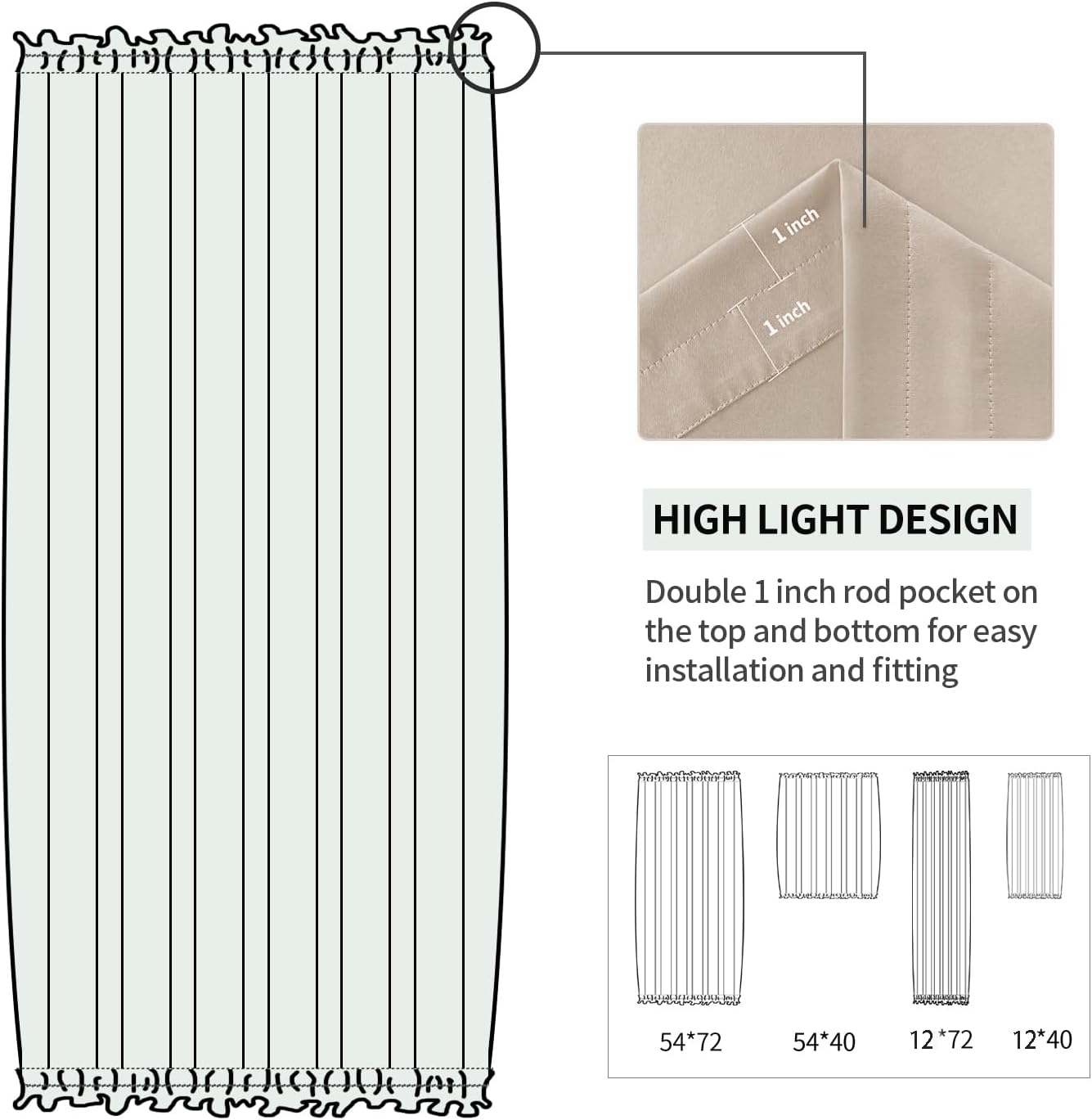 DWCN French Door Curtains – Rod Pocket Thermal Blackout Curtain for Doors with Glass Window, Kitchen and Patio Doors for Privacy, 12 X 72 Inches Long, 1 Curtain Panel with Tieback, Beige