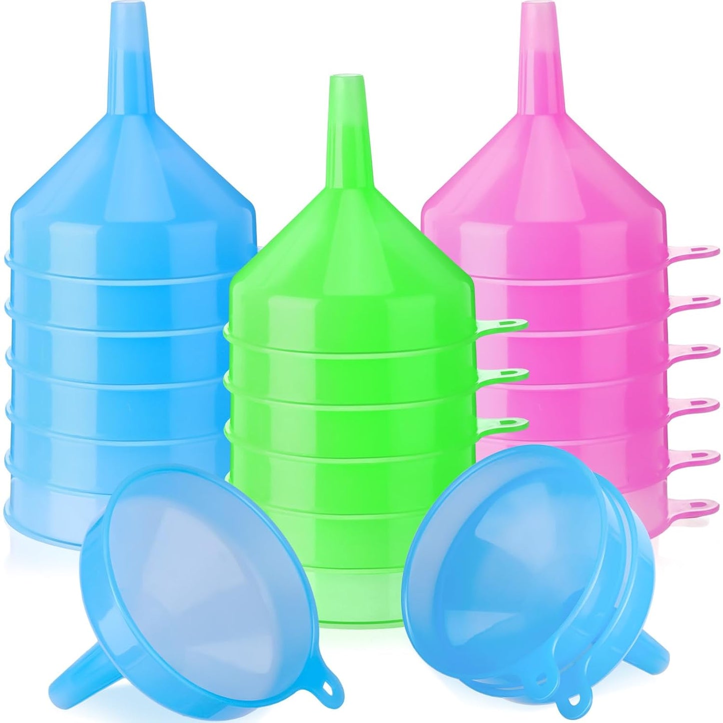 Honeydak 9 Pcs Multi-Purpose Plastic Funnels 4.7 Inch Wide Mouth Funnels for Filling Bottles, Jars, Containers Lab Use Oil Funnel for Gas, Car Oil, Lubricants and Fluids (Pink,Blue,Green)