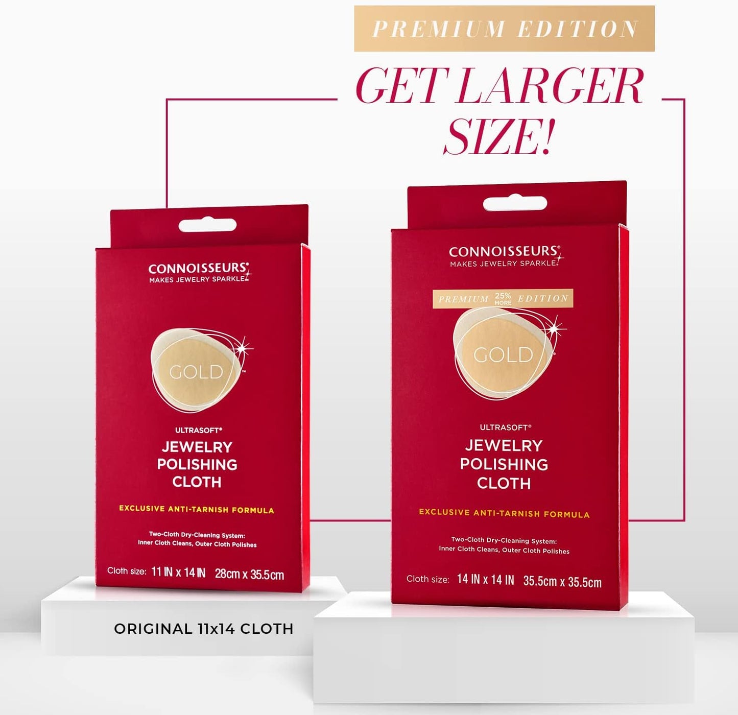 CONNOISSEURS Premium Edition Extra Large Polishing Cloth for Gold Jewelry - Ultrasoft Fabric with Anti-Tarnish Formula - 14x14 Inches