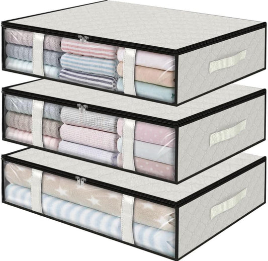 StorageRight Under Bed Storage Bins, 3-Pack 40L Foldable Fabric Storage Bags with Transparent Window, Breathable Organizer for Clothes/Blanket/Comforter/Quilt, White