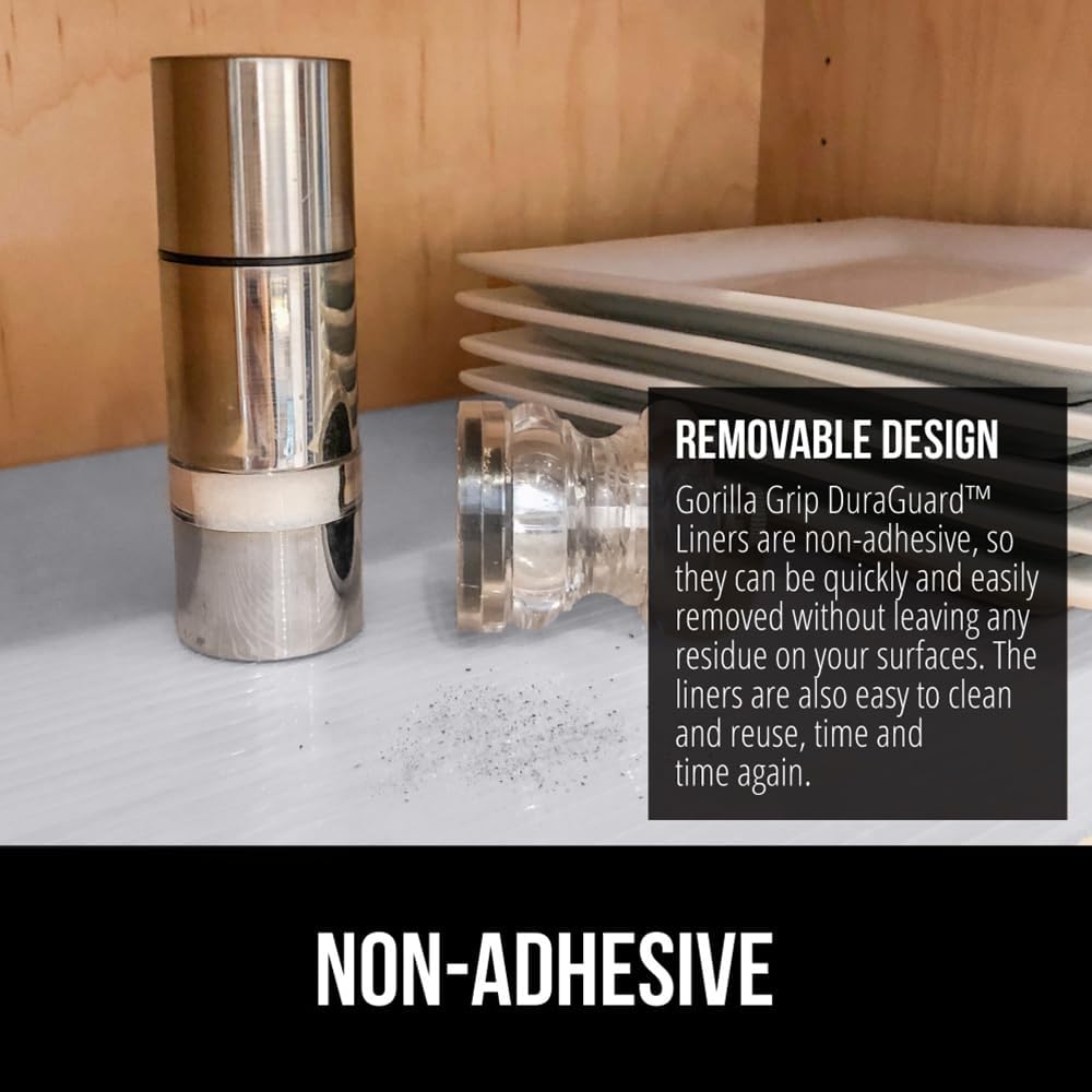 GORILLA GRIP DuraGuard Shelf Liner, Non-Adhesive Cabinet Liners for Kitchen Drawers, Shelves, Refrigerator, Pantry Storage, Bathroom Closet, Durable Waterproof BPA Free Ribbed Plastic, 17.5x10 Lt Gray