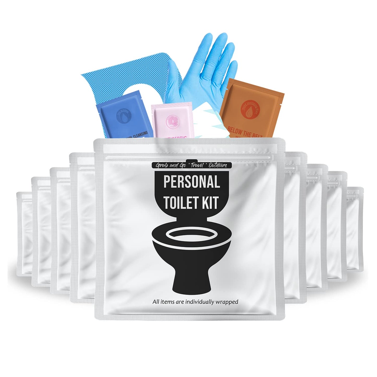 Personal Toilet Kit To Go – 10 Pack | Disposable Public Restroom Kit | Individually Wrapped for Toilet Protection Kit | Toilet Paper, Toilet Seat Cover, Butt Wipes, Cleansing Wipes (White)
