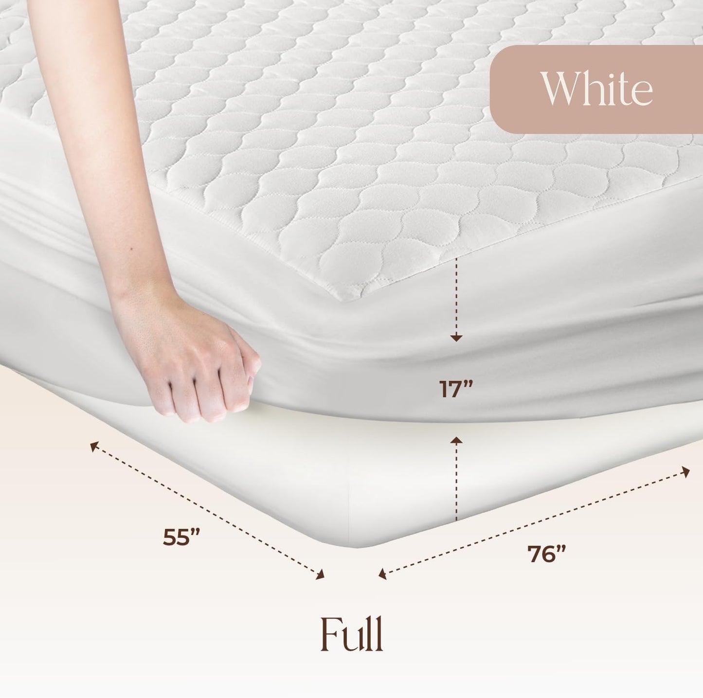 100% Cotton Organic Mattress Pad - Breathable & Cooling Mattress Protector Full Size - Premium 300GSM Quilted and Noiseless Machine Washable Organic Mattress Protector (White, Full)